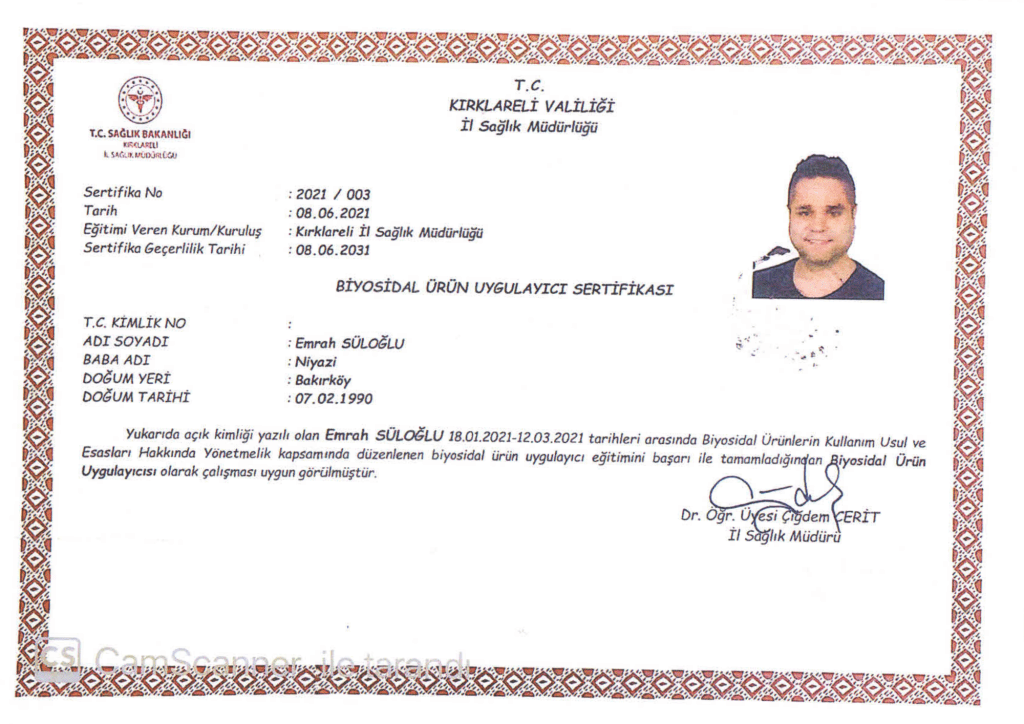 Biyosidal Ürün Uygulayıcı Sertifikası - Emrah Süloğlu
